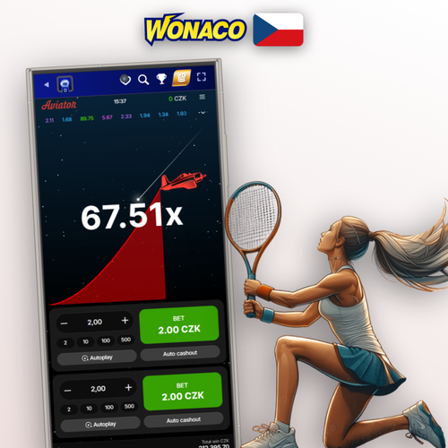 Wonaco Casino Aviator demo – červené letadlo stoupá po křivce multiplikátoru