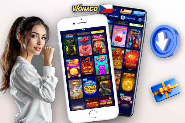 Domovská obrazovka Wonaco Casino iOS aplikace s dlaždicemi her na iPhonu