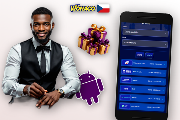 Wonaco Casino výběr peněz v českých korunách na obrazovce smartphonu