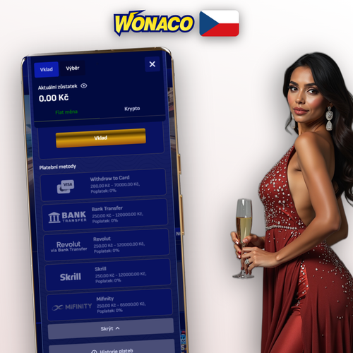 Wonaco Casino výběr peněz – peněženka s korunami a ikonami platebních metod